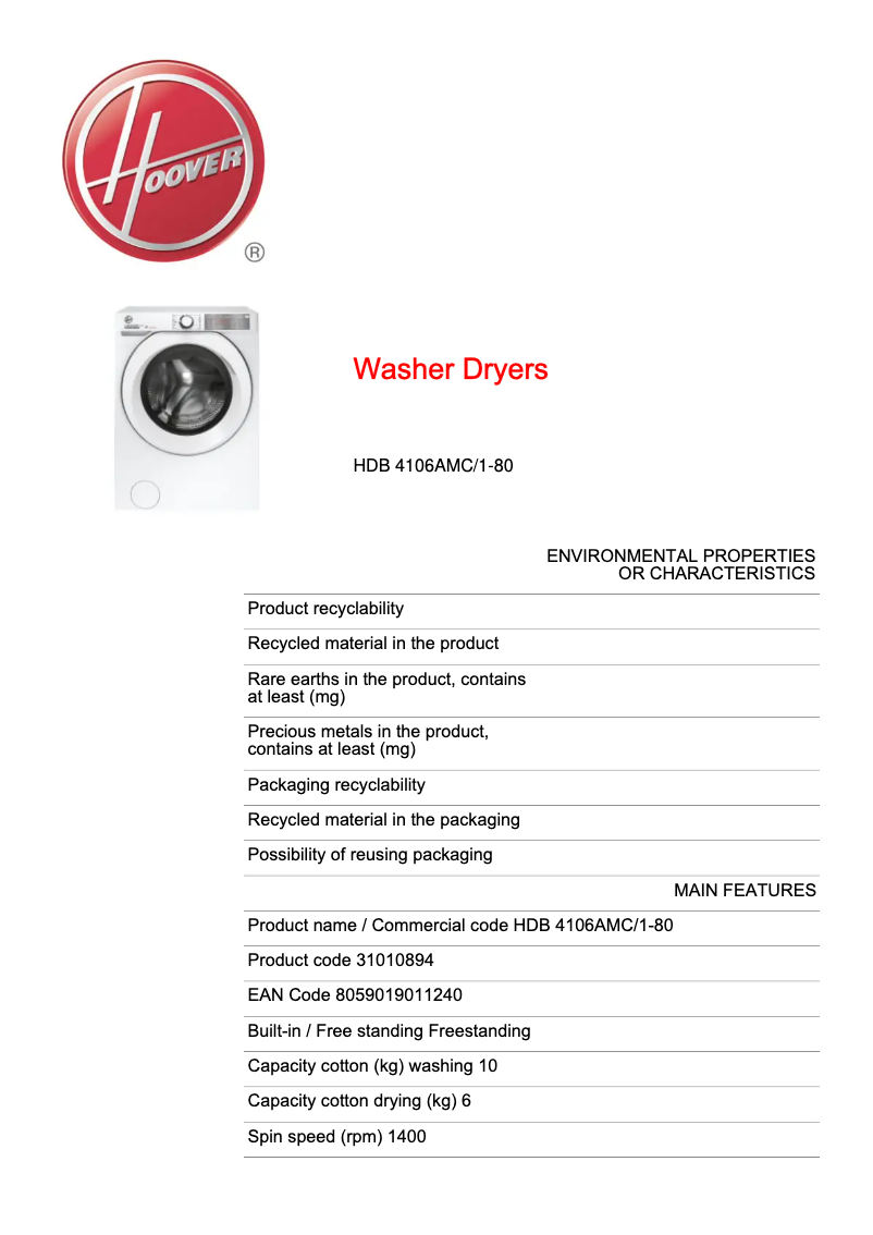 Page n°1 - Fiche technique Hoover H-WASH&DRY 500 HDB 4106AMC/1-80