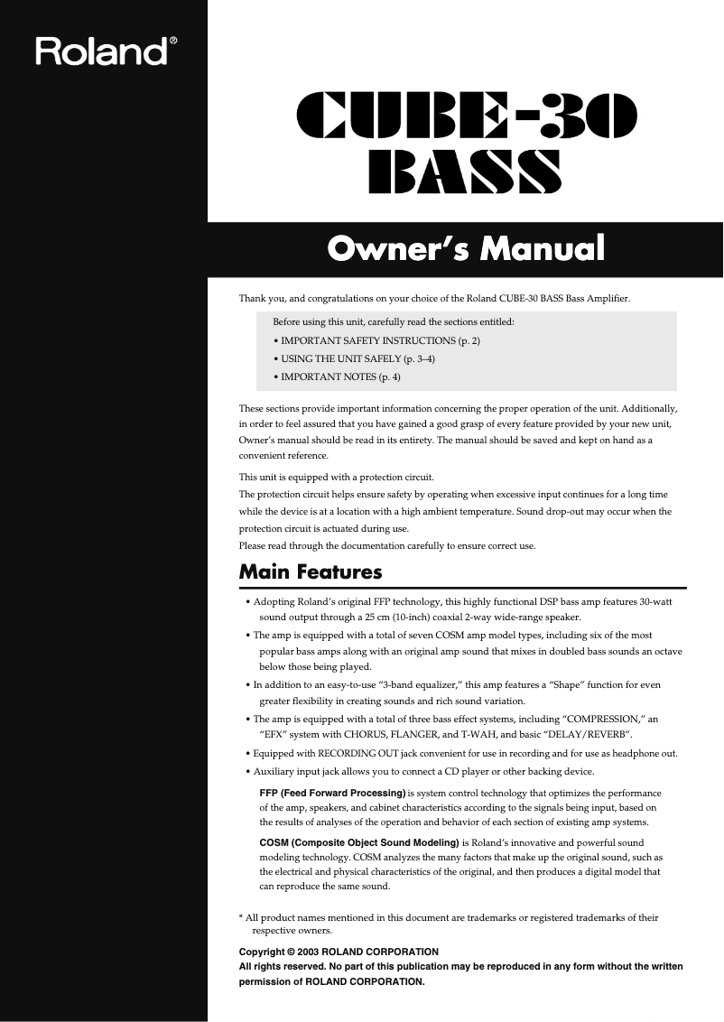 Page 1 de la notice Manuel utilisateur Roland Cube-30 BASS