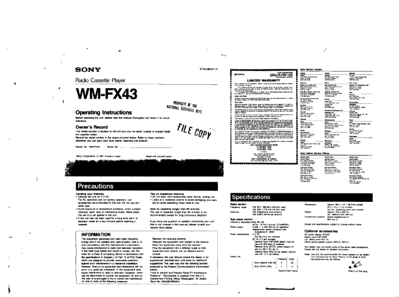 Page 1 de la notice Manuel utilisateur Sony Walkman WM-FX43
