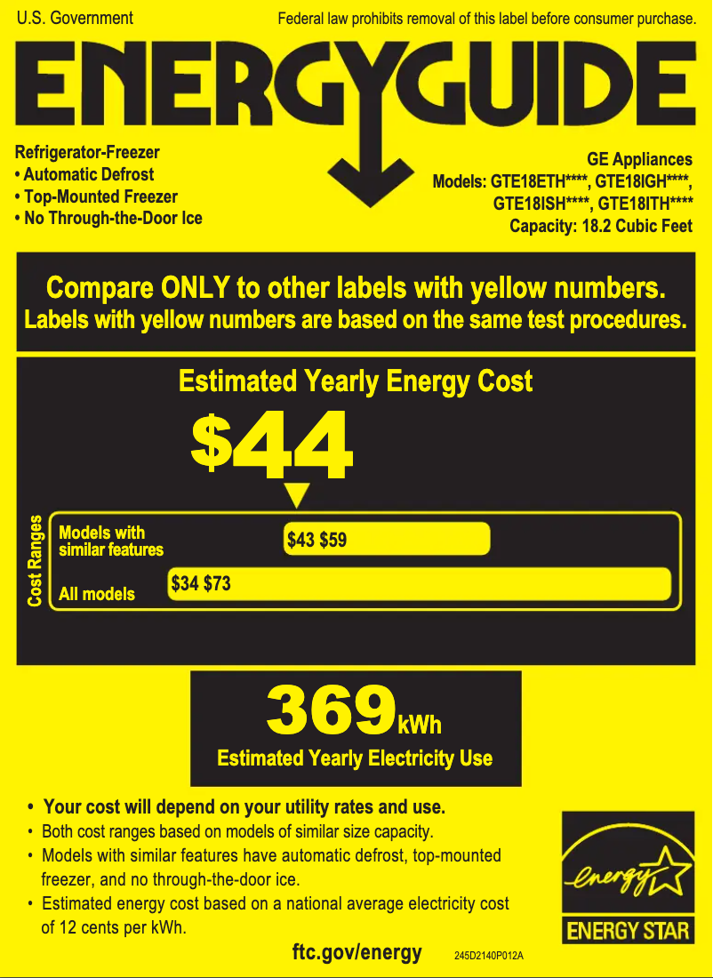 Page 1 de la notice Label énergétique GE GTE18ITHWW
