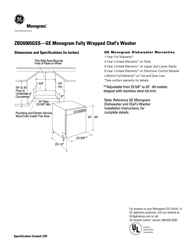 Page 1 of the manual Technical Sheet GE ZBD6905GSS