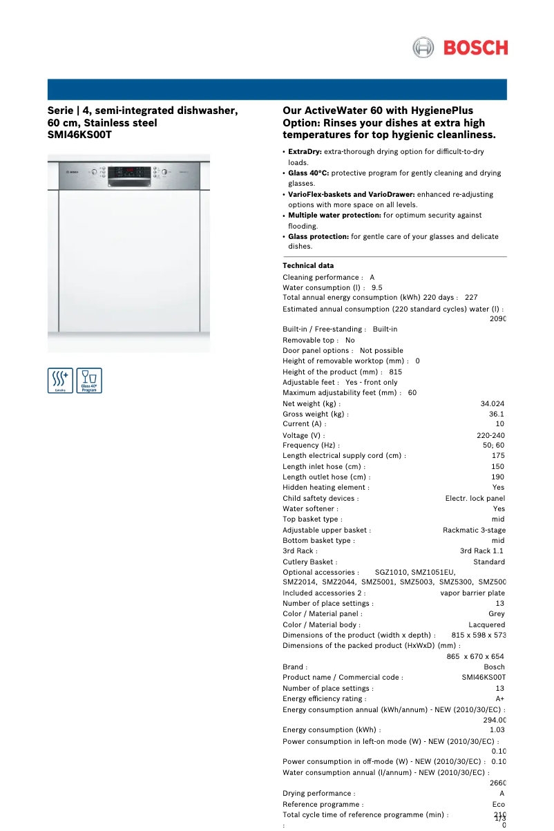 Page n°1 - Fiche technique Bosch SMI46KS00T