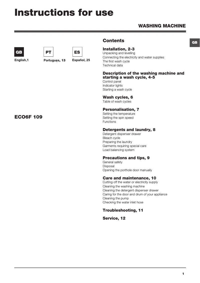 Page 1 de la notice Manuel utilisateur Hotpoint Ariston ECO6F 109 (EU)