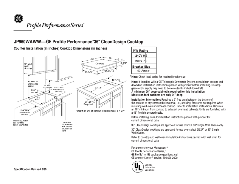 Page 1 de la notice Fiche technique GE Profile Performance JP960WAWW