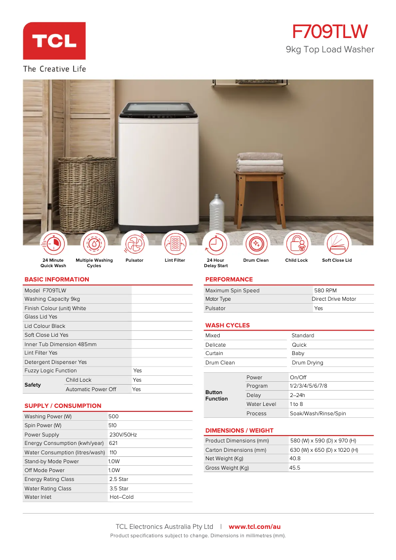 Page n°1 - Fiche technique TCL F709TLW