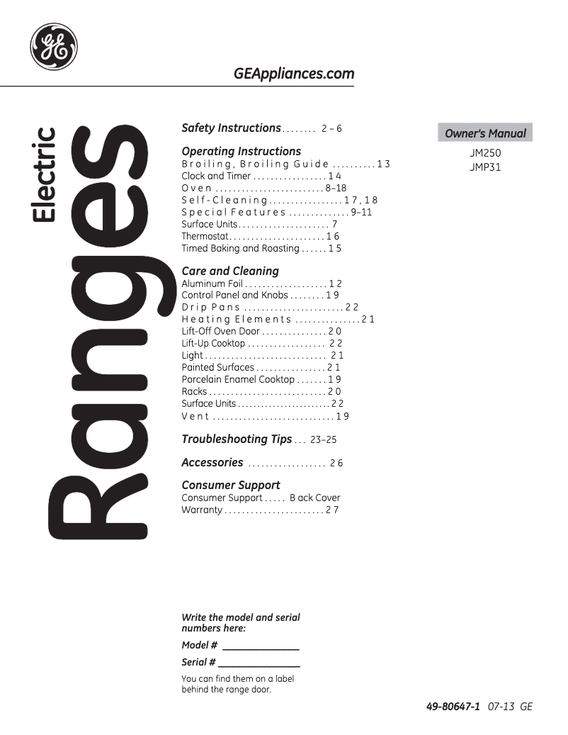 Page n°1 - Manuel d'utilisation et d'entretien GE Profile JMP31WCWW
