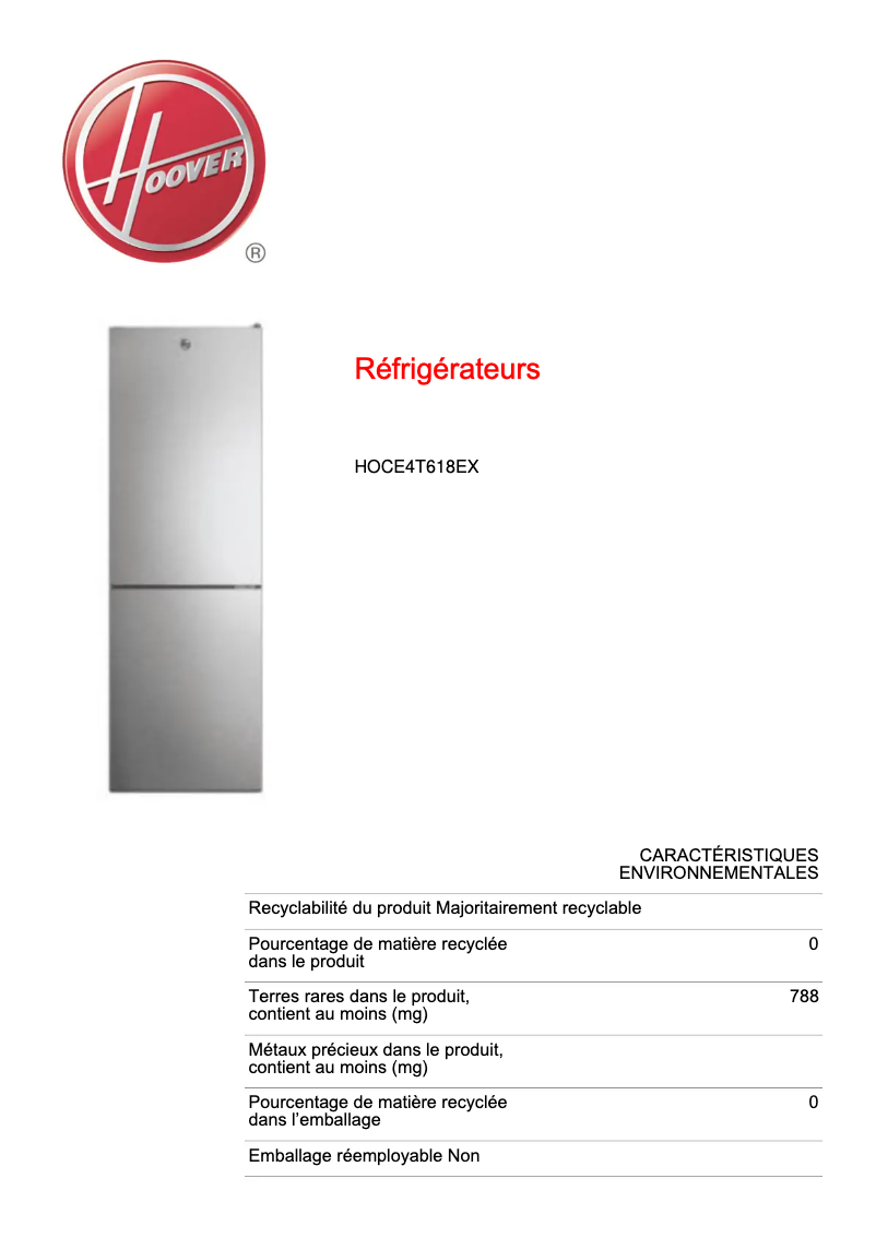 Page n°1 - Fiche technique Hoover HOCE4T618EX