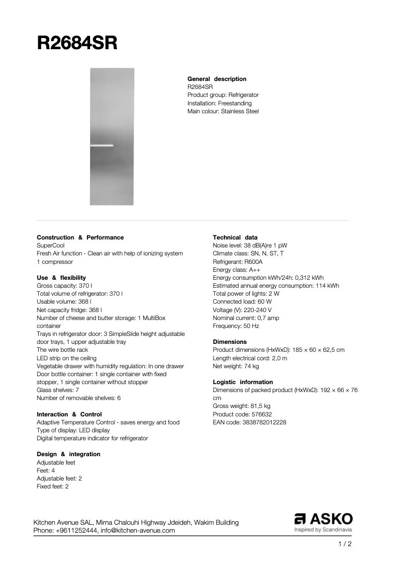 Page n°1 - Fiche technique Asko R2684SR