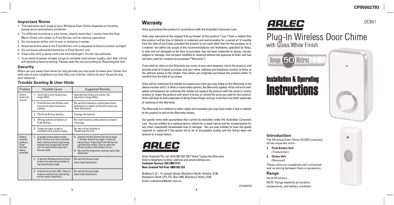 Page n°1 - Manuel utilisateur Arlec DC681