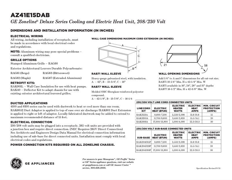 Page n°1 - Fiche technique GE AZ41E15DAB