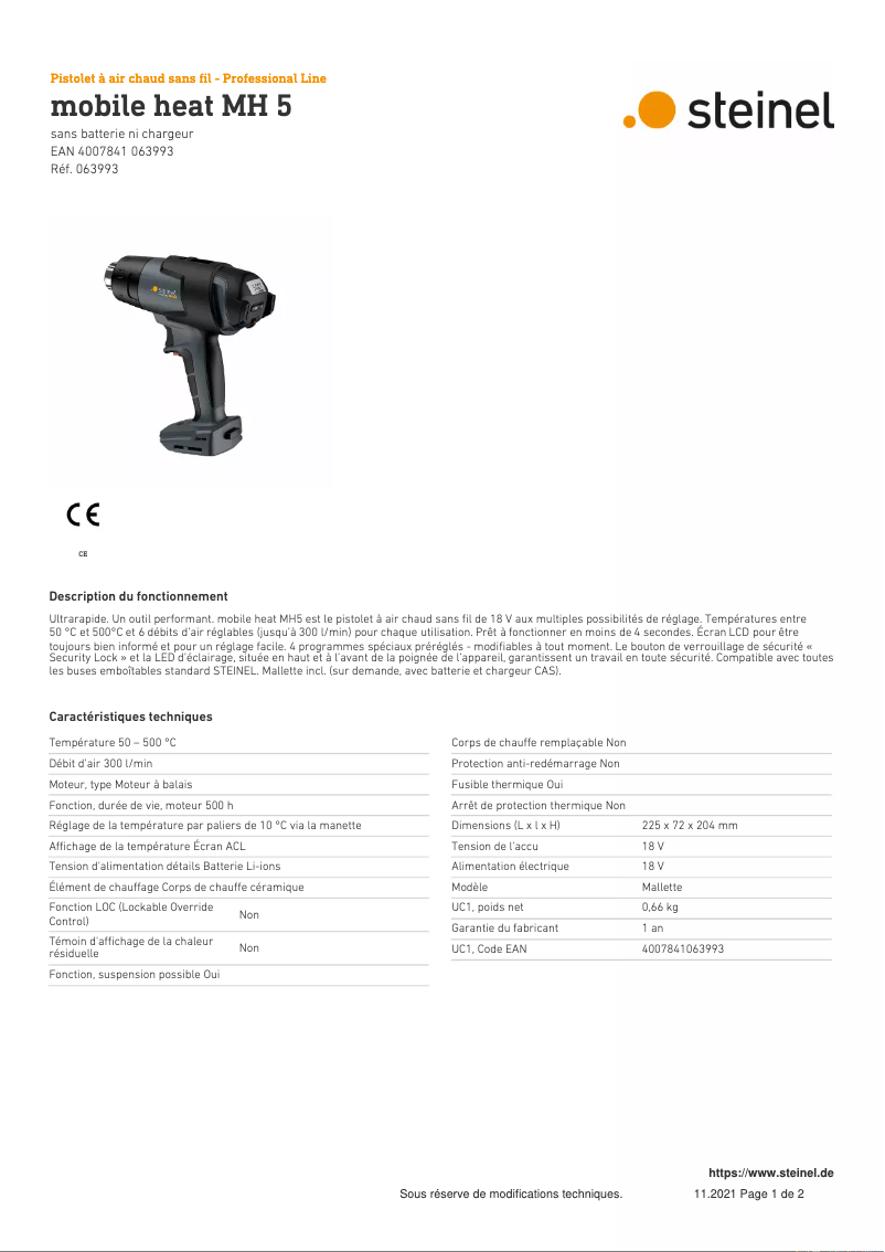 Page 1 de la notice Fiche technique Steinel Mobile Heat MH5