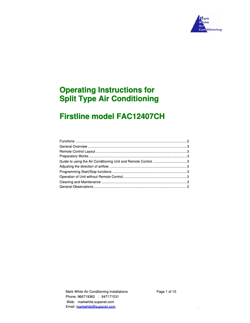 Page n°1 - Manuel utilisateur Firstline FAC12407CH