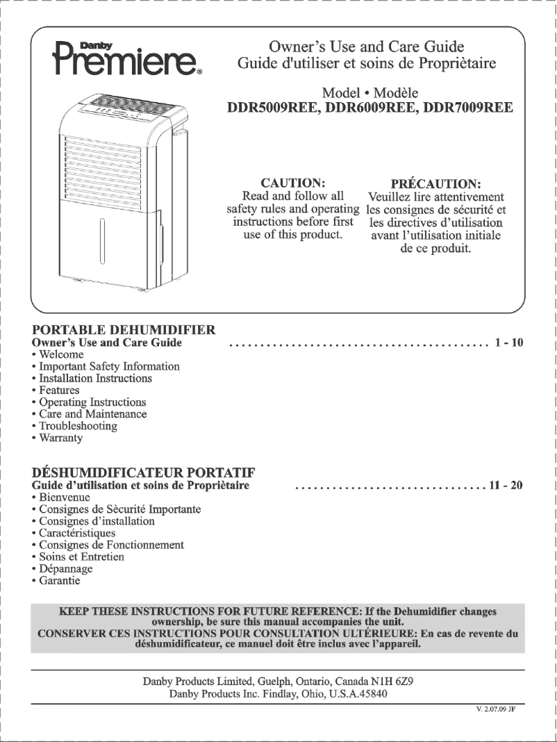 Page 1 de la notice Manuel utilisateur Danby DDR5009REE
