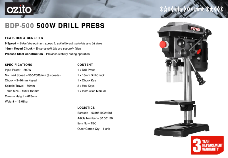 Page 1 de la notice Fiche technique Ozito BDP-500