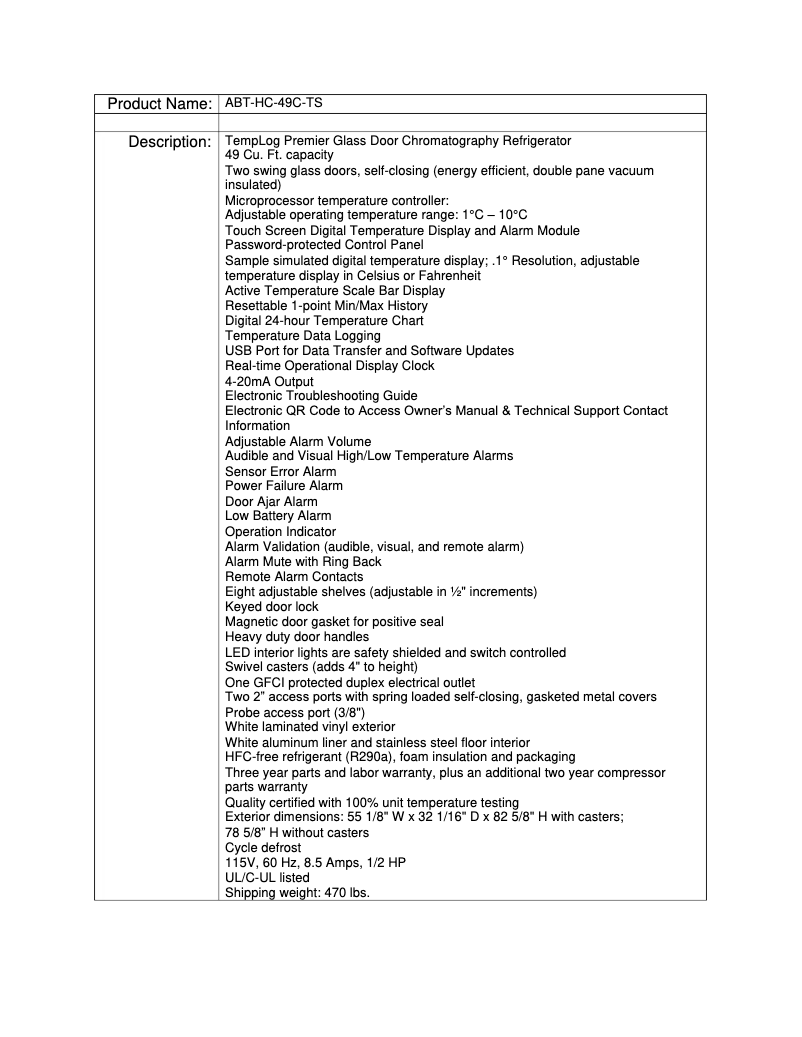 Page 1 de la notice Manuel utilisateur American BioTech Supply ABT-HC-49C-TS