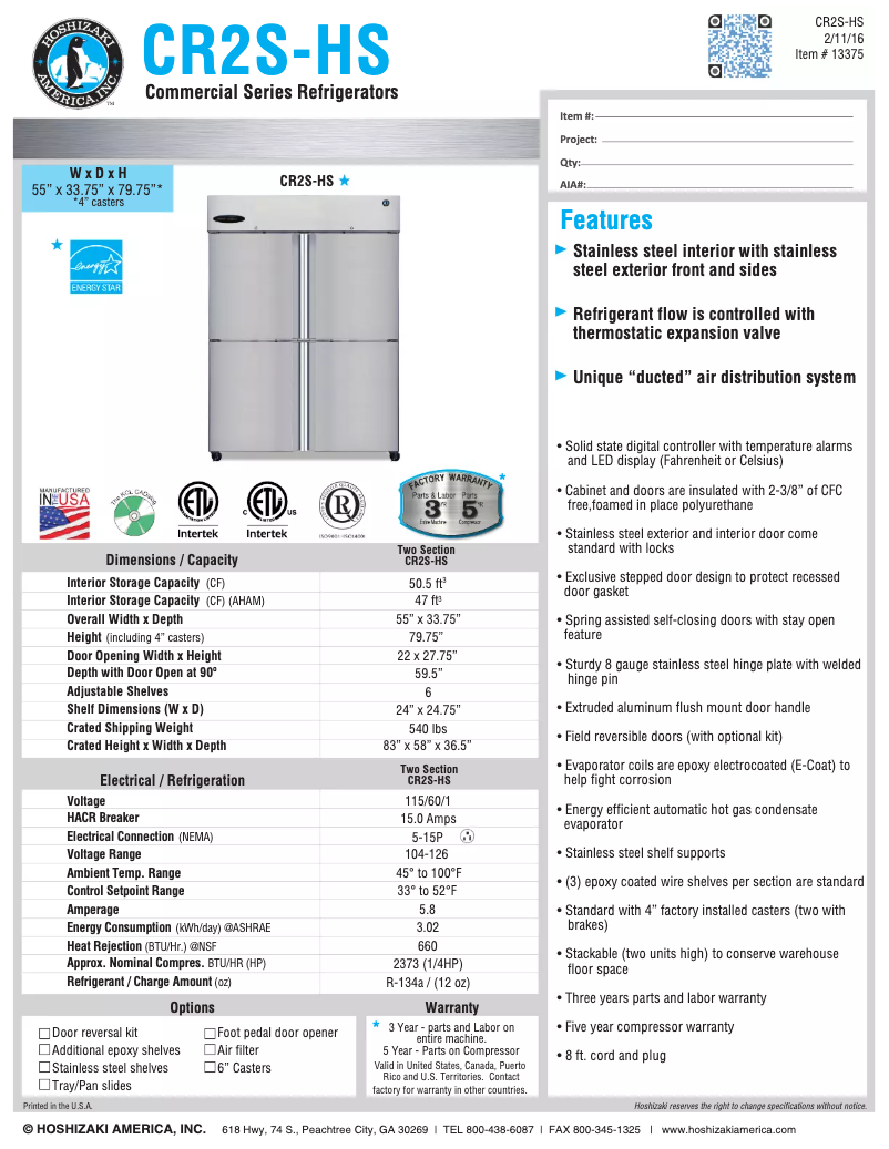 Page 1 de la notice Fiche technique Hoshizaki Commercial CR2S-HS