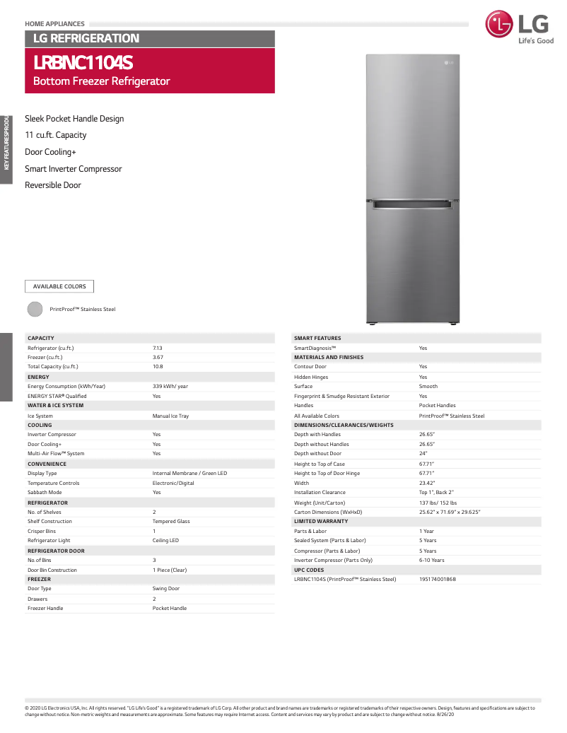 Page 1 de la notice Fiche technique LG LRBNC1104S