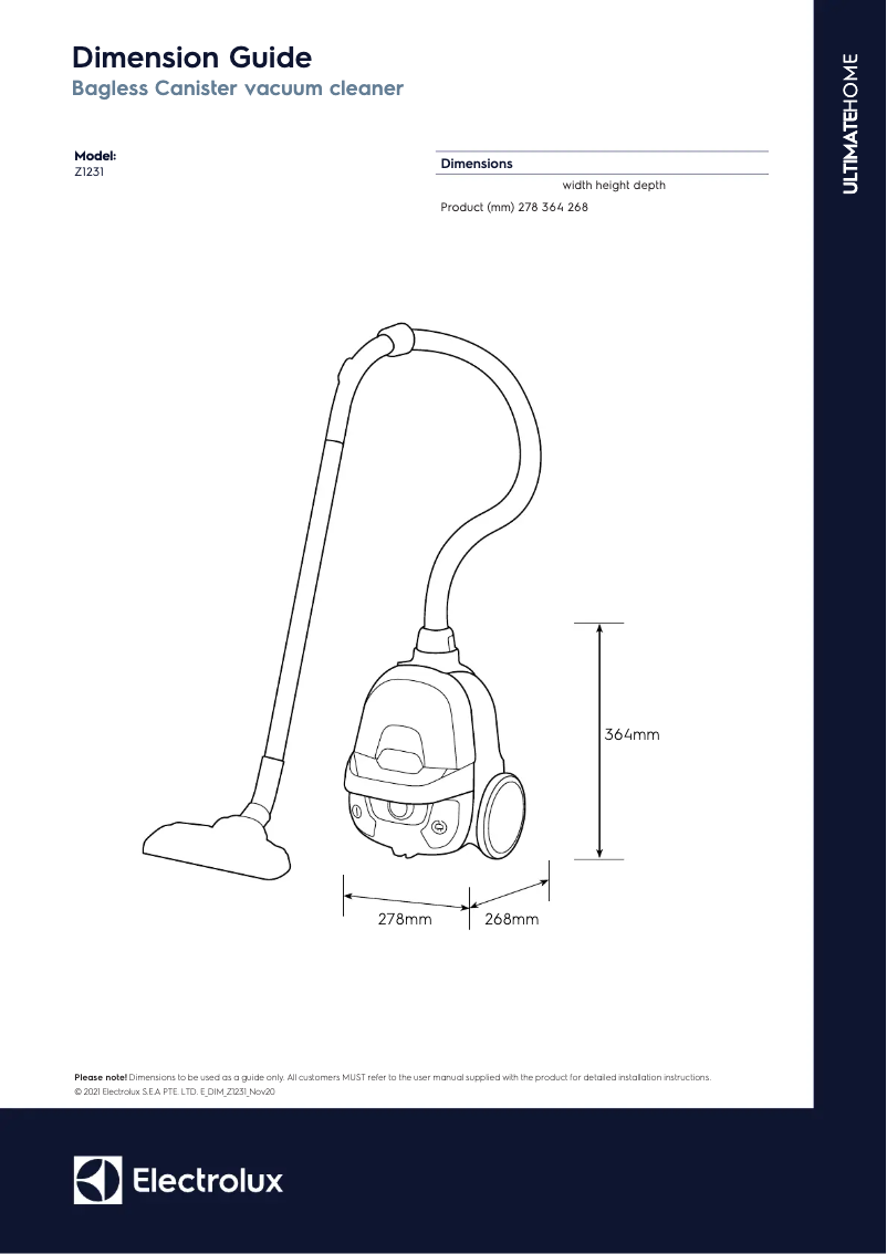 Page n°1 - Dessin technique Electrolux CompactGo Cyclonic Z1231