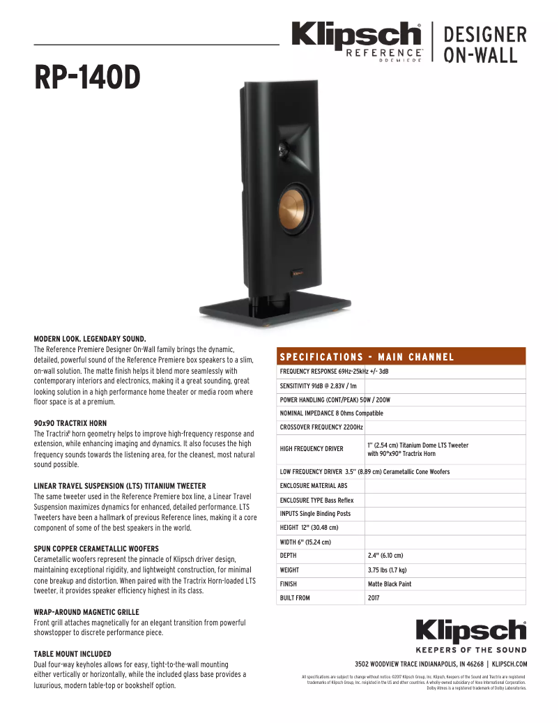 Page 1 de la notice Fiche technique Klipsch RP-140D