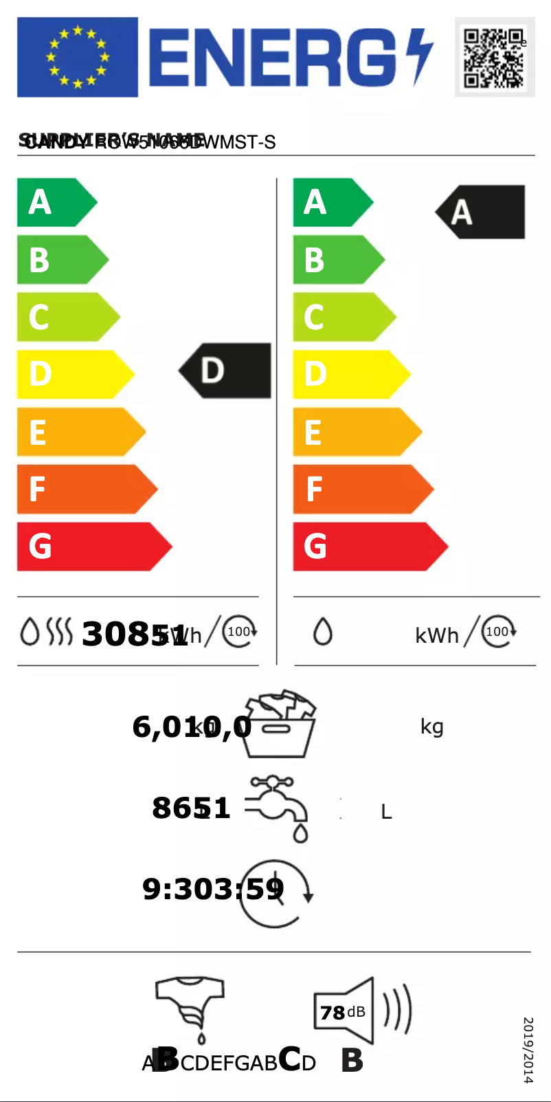 Page n°1 - Label énergétique Candy ROW51066DWMST-S