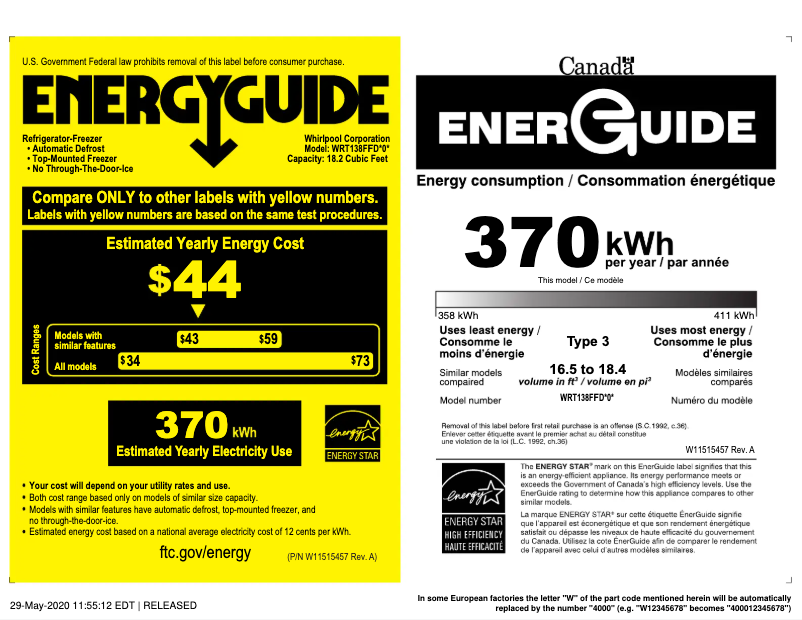 Página 1 del manual Etiqueta energética Whirlpool WRT138FFDW