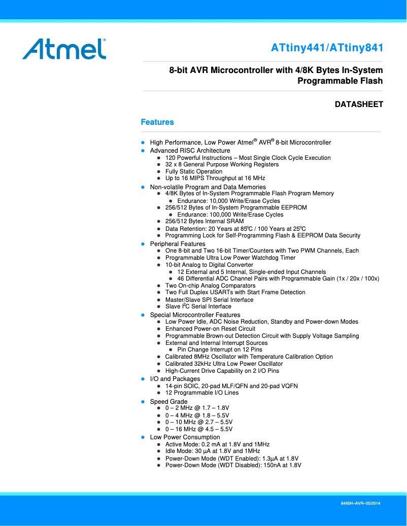 Page 1 de la notice Fiche technique Microchip ATtiny441