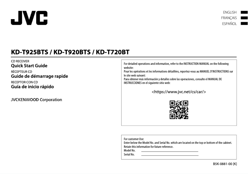 Page 1 de la notice Guide de démarrage rapide JVC KD-T920BTS