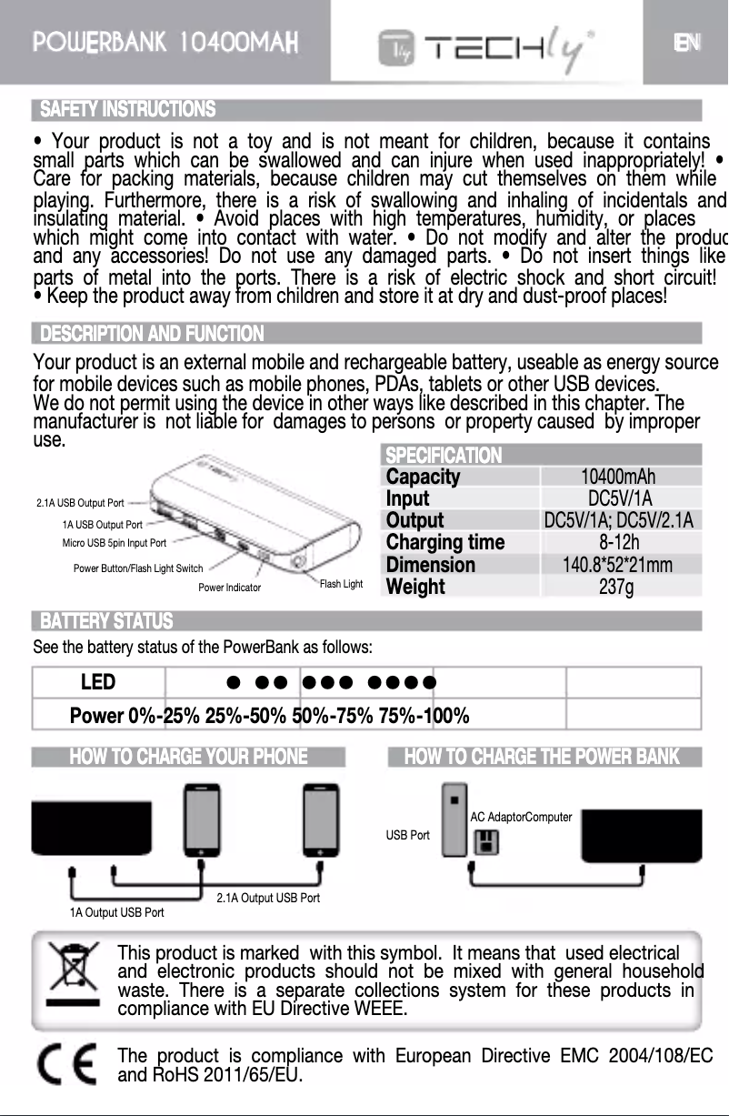 Page n°1 - Manuel utilisateur Techly LiPo 10400mAh