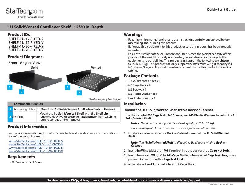 Page n°1 - Manuel utilisateur StarTech.com SHELF-1U-20-FIXED-V