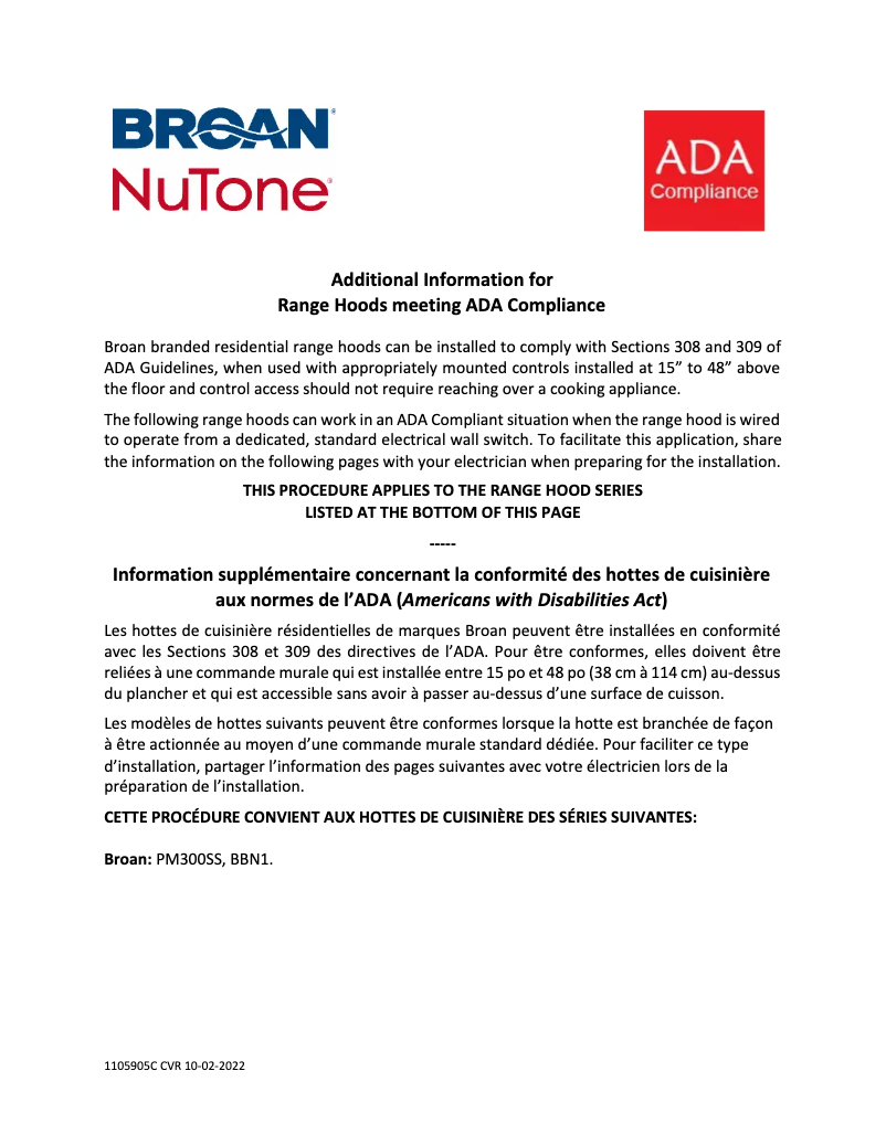 Page 1 de la notice Schéma de câblage Broan BBN1243SS