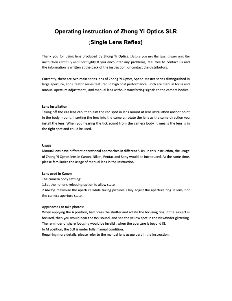 Page 1 de la notice Manuel utilisateur Zhong Yi Optics Mitakon Creator 85mm f/2