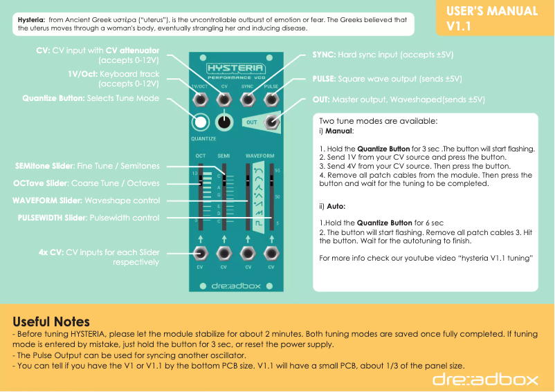 Page 1 de la notice Manuel utilisateur Dreadbox Hysteria