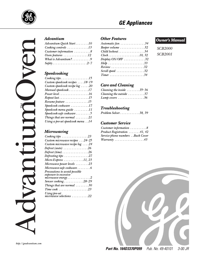 Page 1 de la notice Manuel utilisateur GE Advantium SCB2001CSS