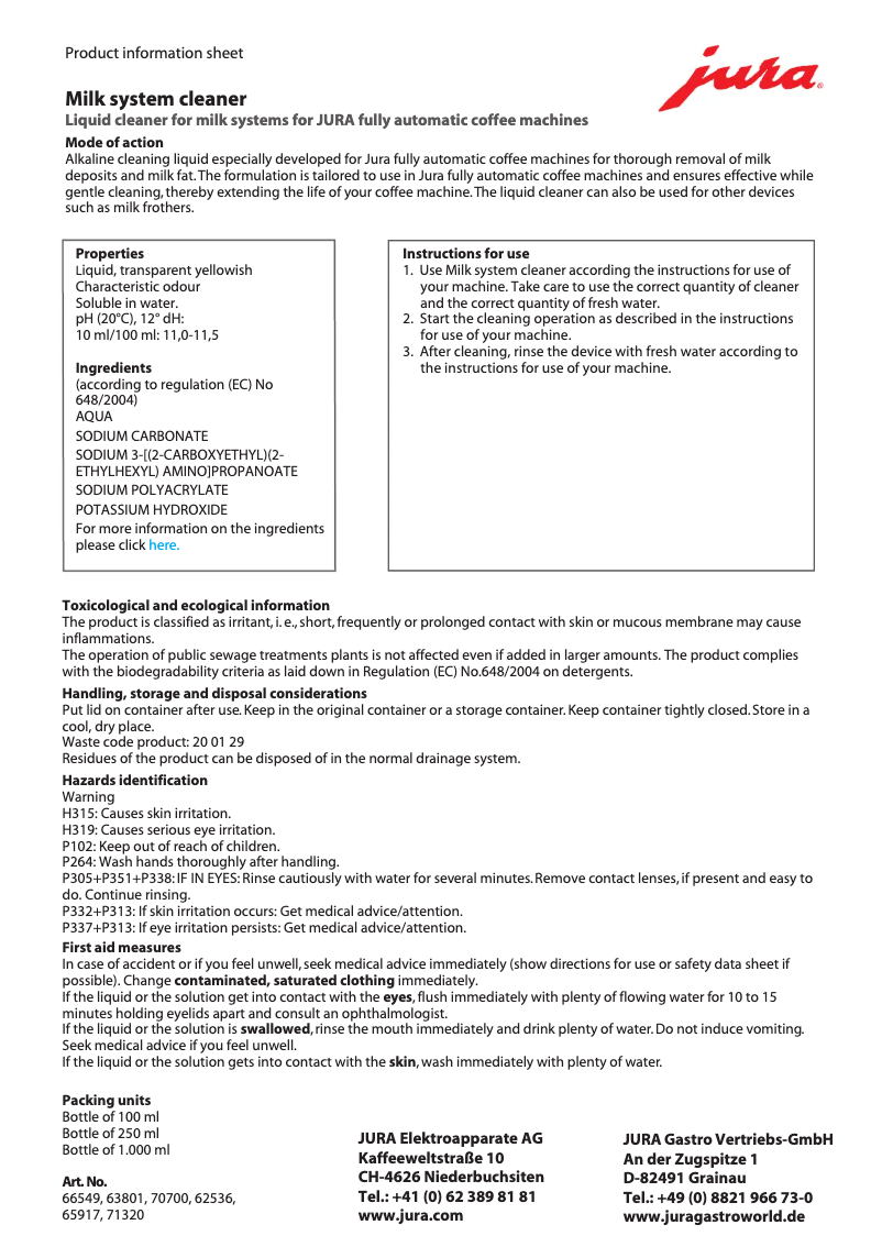 Page n°1 - Fiche technique Jura Milk System Cleaner
