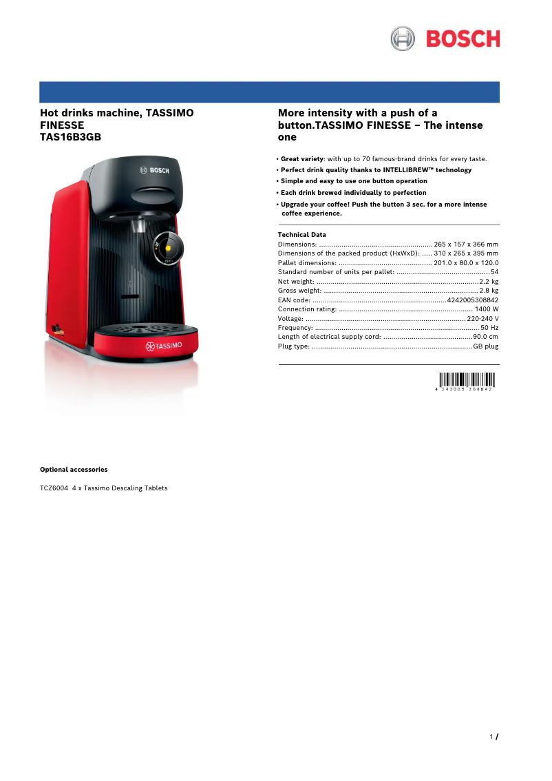 Page 1 de la notice Fiche technique Bosch Tassimo Finesse TAS16B3