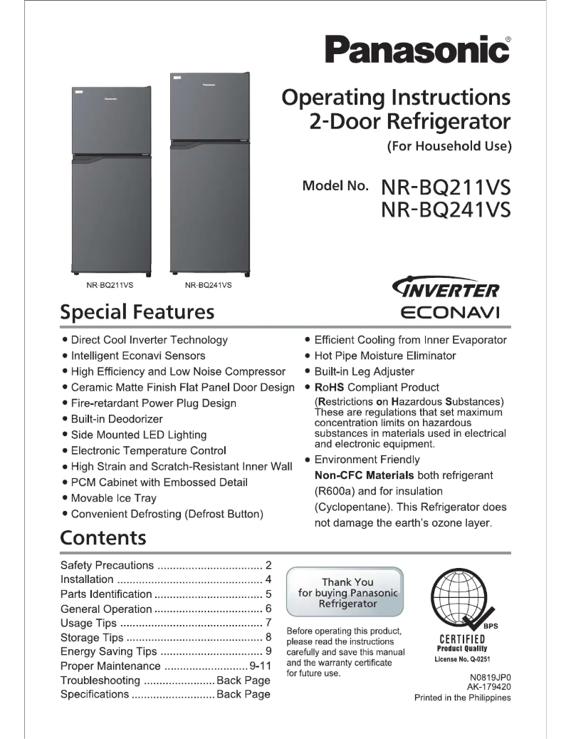 Page 1 de la notice Manuel utilisateur Panasonic NR-BQ241VS