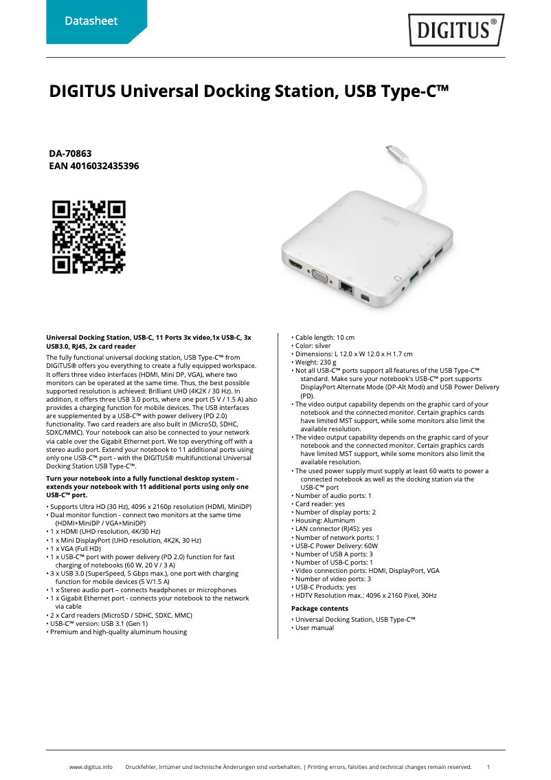 Page 1 de la notice Fiche technique Digitus DA-70863