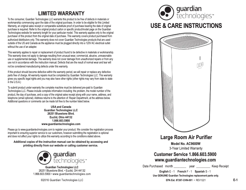Page n°1 - Manuel utilisateur GermGuardian AC9600