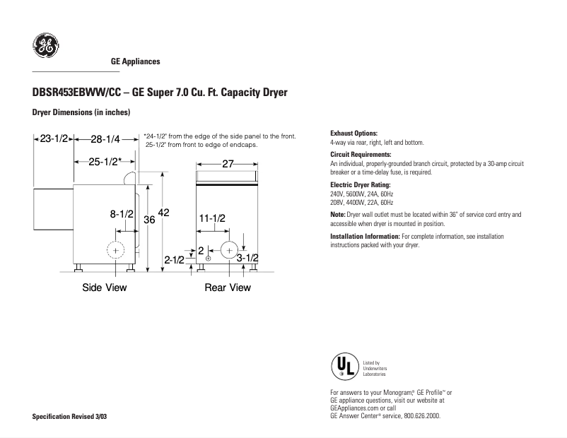 Page 1 de la notice Fiche technique GE DBSR453EBCC