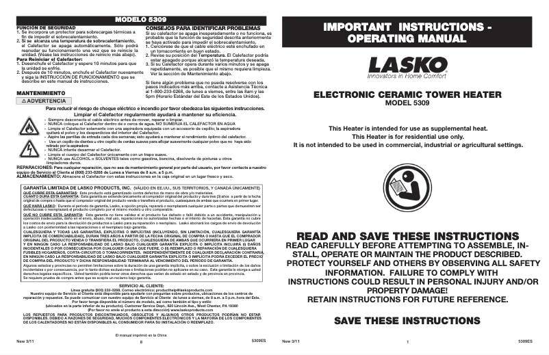 Page 1 de la notice Manuel utilisateur Lasko 5309