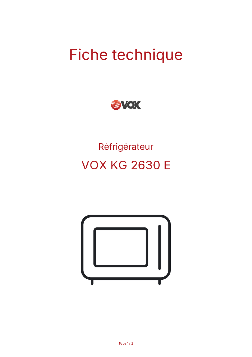 Page n°1 - Fiche technique VOX KG 2630 E
