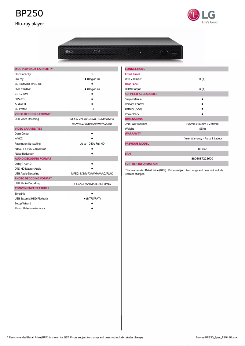 Página 1 del manual Ficha técnica LG BP250