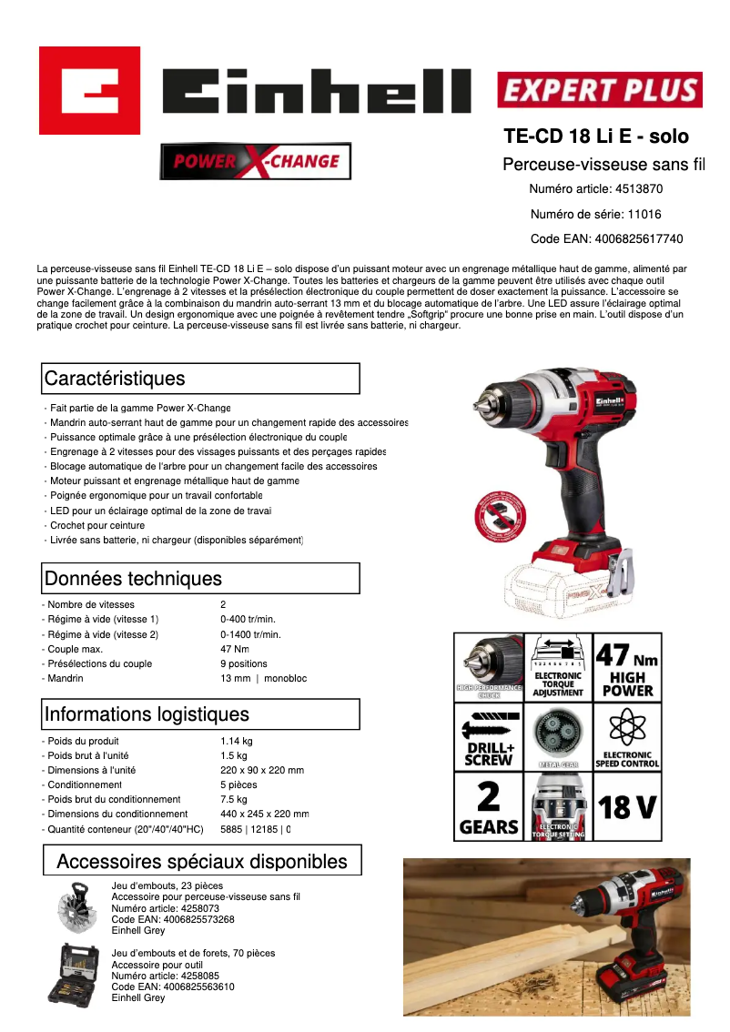Page 1 de la notice Fiche technique Einhell TE-CD 18 LI E