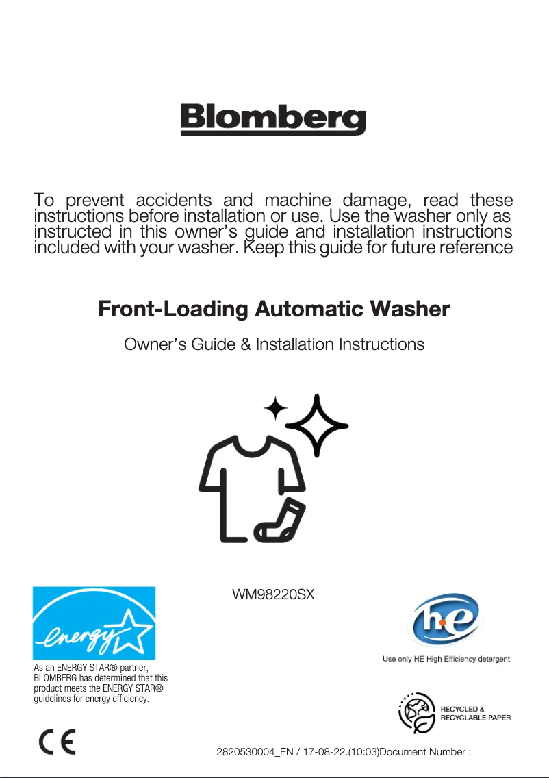 Page 1 de la notice Manuel utilisateur Blomberg WM98220SX