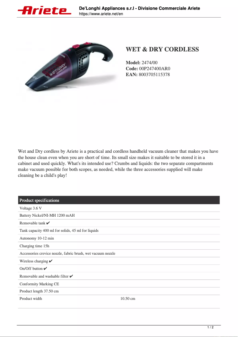 Page 1 de la notice Fiche technique Ariete 2474