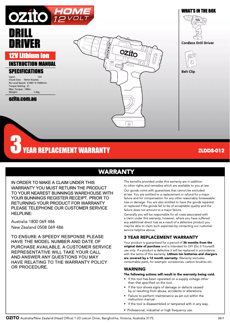 Page 1 de la notice Mode d'emploi Ozito ZLDDK-150