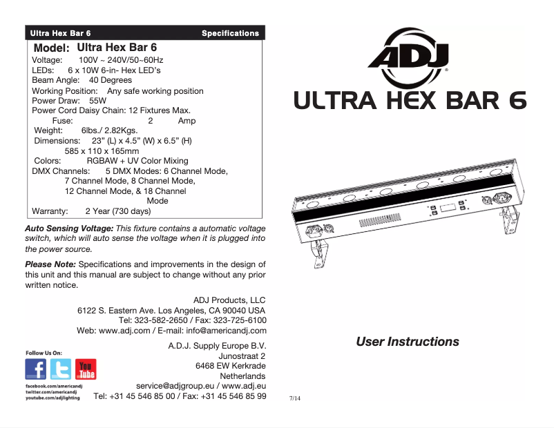 Page 1 de la notice Manuel utilisateur Adj Ultra HEX Bar 6