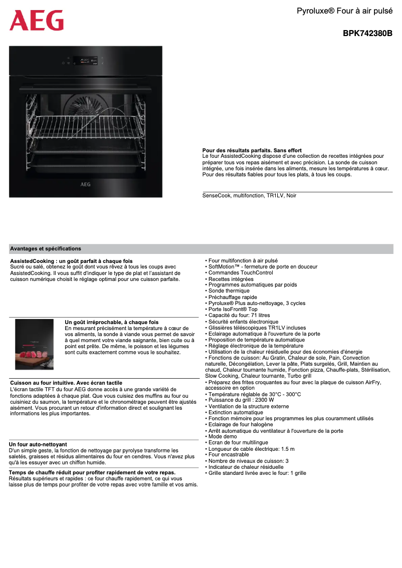 Page 1 de la notice Fiche technique AEG BPK742380B