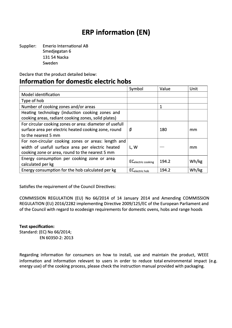 Page 1 de la notice Fiche technique Emerio HP-116026.1