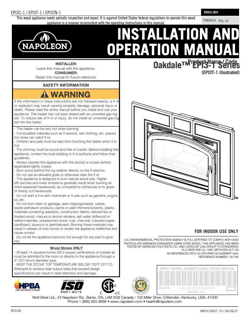 Page n°1 - Manuel utilisateur Napoleon Oakdale EPI3T
